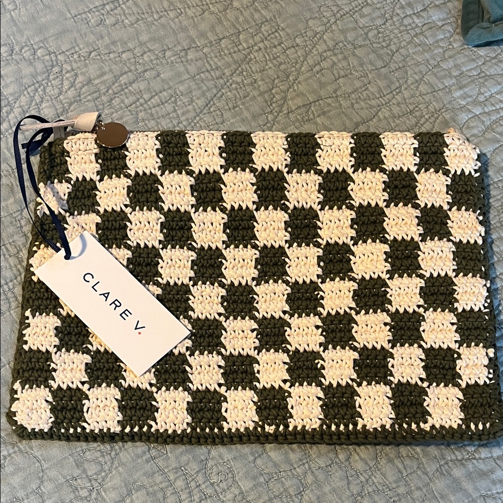 Clare V. Summer Olive and Cream Crochet Checkered Clutch - NWT
